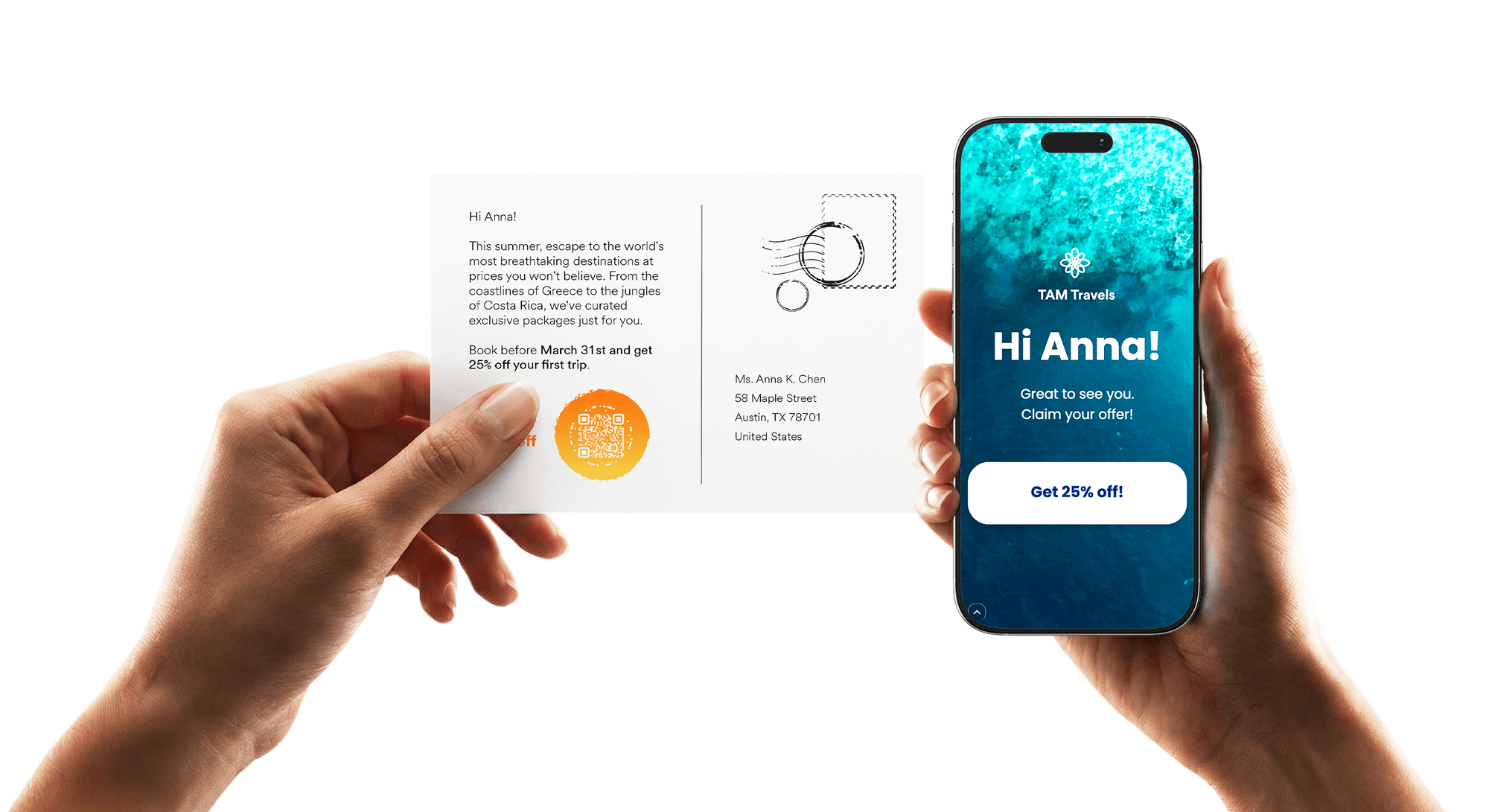 Direct mail postcard with personalized QR code and mobile phone showing interactive landing page